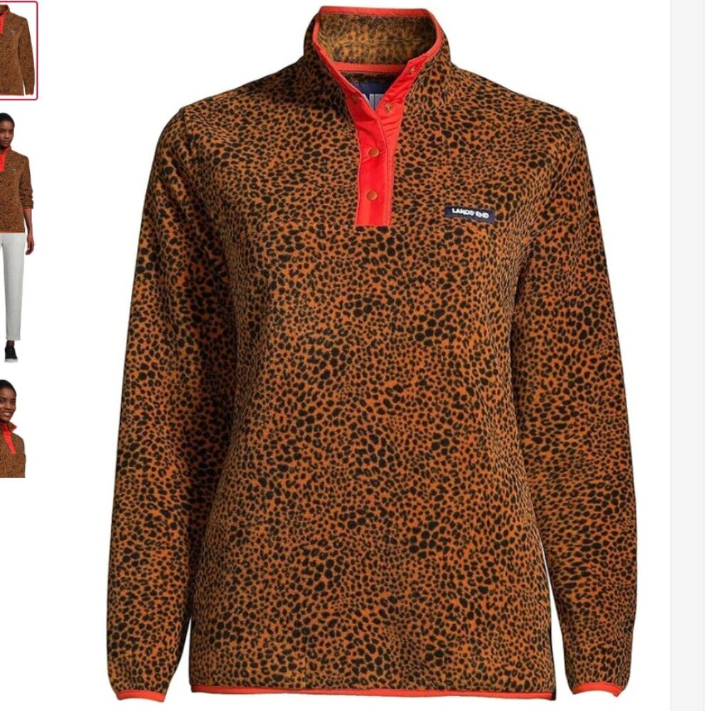 Lands' End Leopard Print Snap Neck Heritage Fleece Pullover Sweater Size Small - Picture 5 of 5